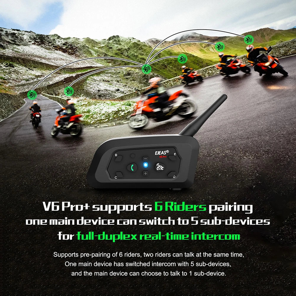 EJEAS V6 Pro+ Motorcycle Helmet Intercom | Up to 800m | 6 Riders