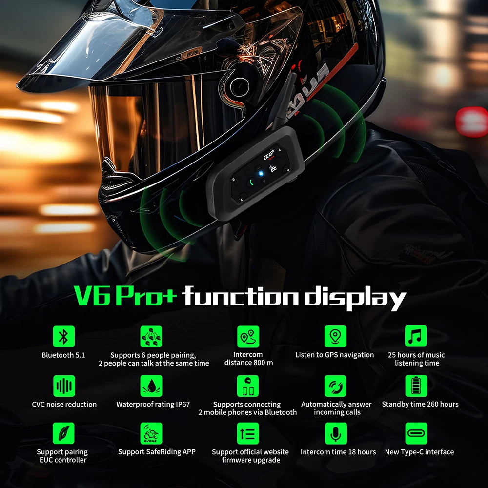 EJEAS V6 Pro+ Motorcycle Helmet Intercom | Up to 800m | 6 Riders