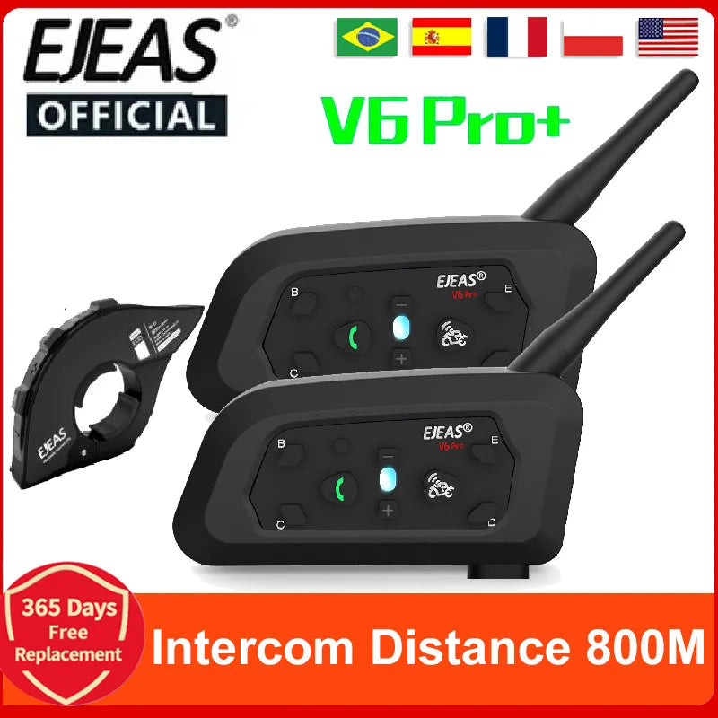 EJEAS V6 Pro+ Motorcycle Helmet Intercom | Up to 800m | 6 Riders